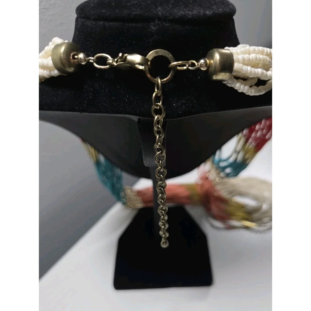 Multi-Strand Seed Bead Necklace Gold Accents Pink Turquoise‎ Coral